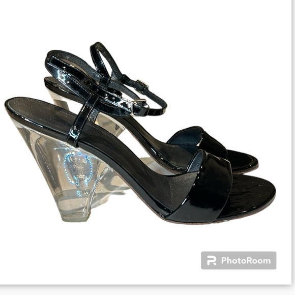 Stuart Weitzman Clear Lucite Heels Open Toe Black Strap Slingback Heels - Picture 1 of 15